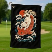 Playful Cat Riding a Koi Fish in Waves Golf Towel thumb 1