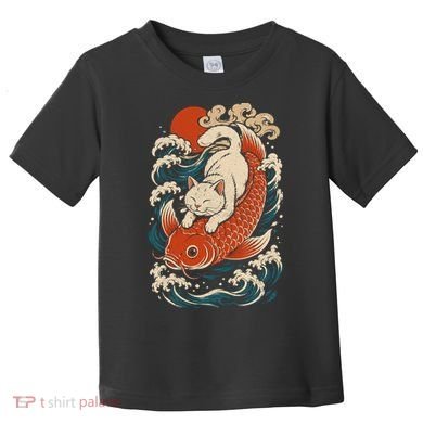 Playful Cat Riding a Koi Fish in Waves Toddler T-Shirt