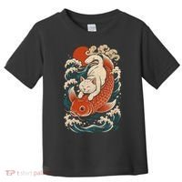 Playful Cat Riding a Koi Fish in Waves Toddler T-Shirt thumb 0