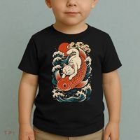 Playful Cat Riding a Koi Fish in Waves Toddler T-Shirt thumb 2