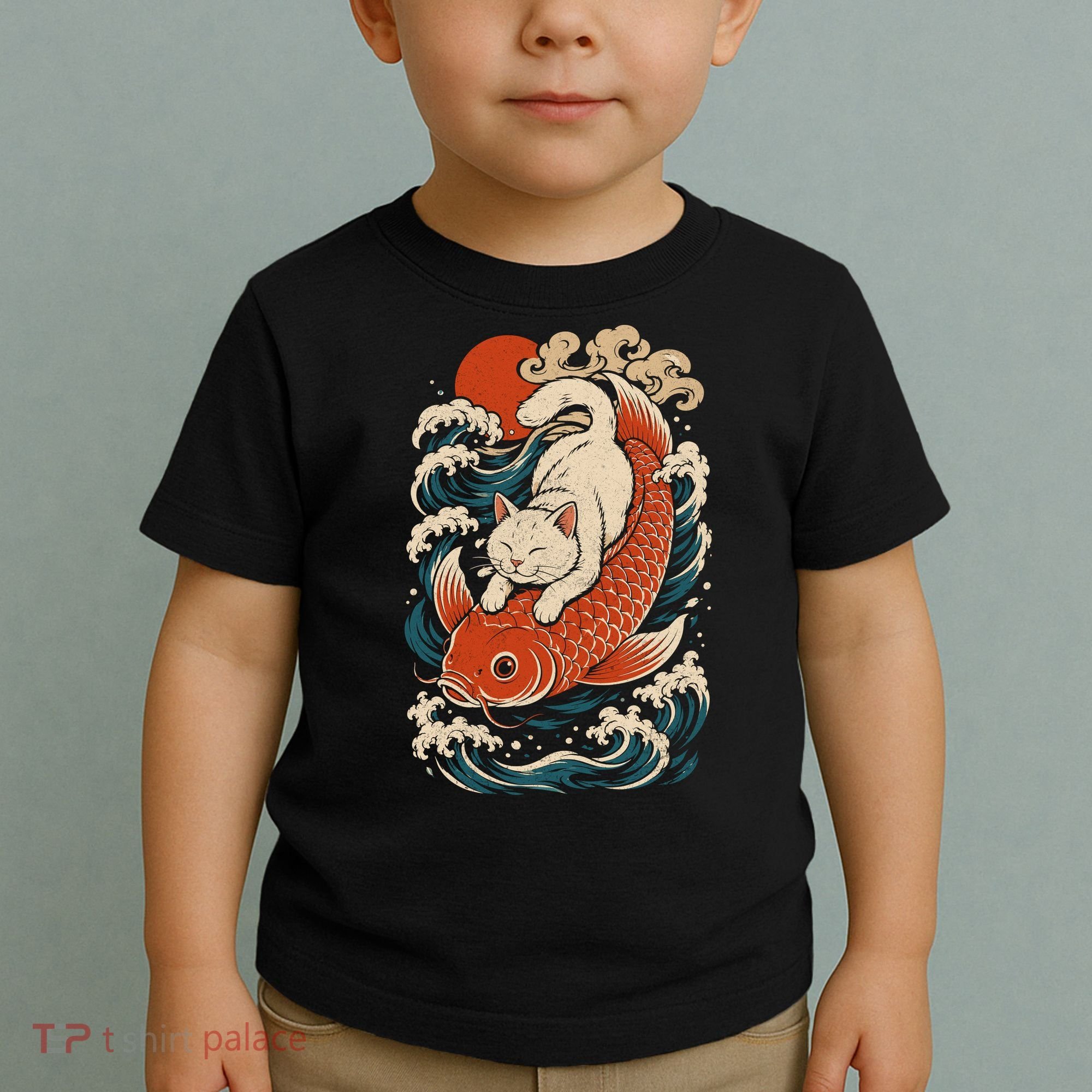 Playful Cat Riding a Koi Fish in Waves Toddler T-Shirt
