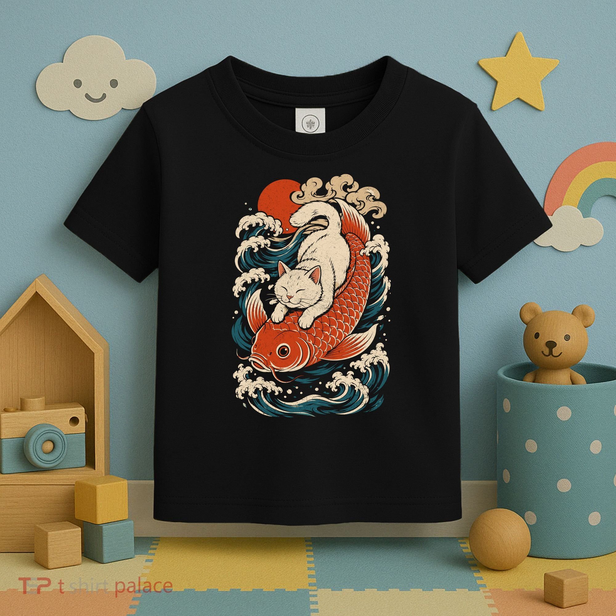 Playful Cat Riding a Koi Fish in Waves Toddler T-Shirt