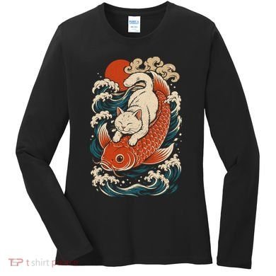 Playful Cat Riding a Koi Fish in Waves Women's Long Sleeve Shirt