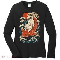 Playful Cat Riding a Koi Fish in Waves Women's Long Sleeve Shirt thumb 0