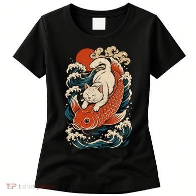 Playful Cat Riding a Koi Fish in Waves Women's T-Shirt