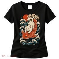 Playful Cat Riding a Koi Fish in Waves Women's T-Shirt thumb 0