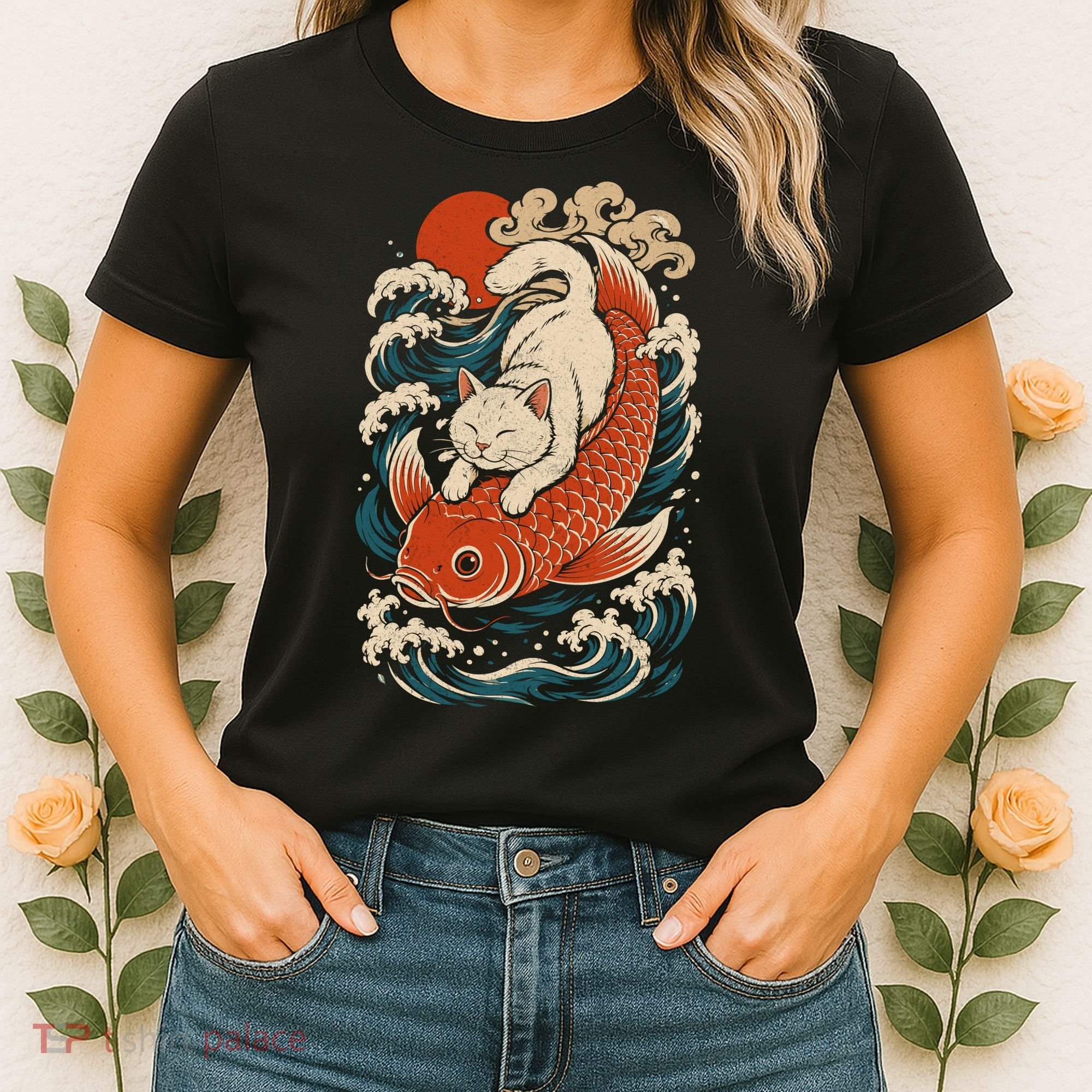 Playful Cat Riding a Koi Fish in Waves Women's T-Shirt