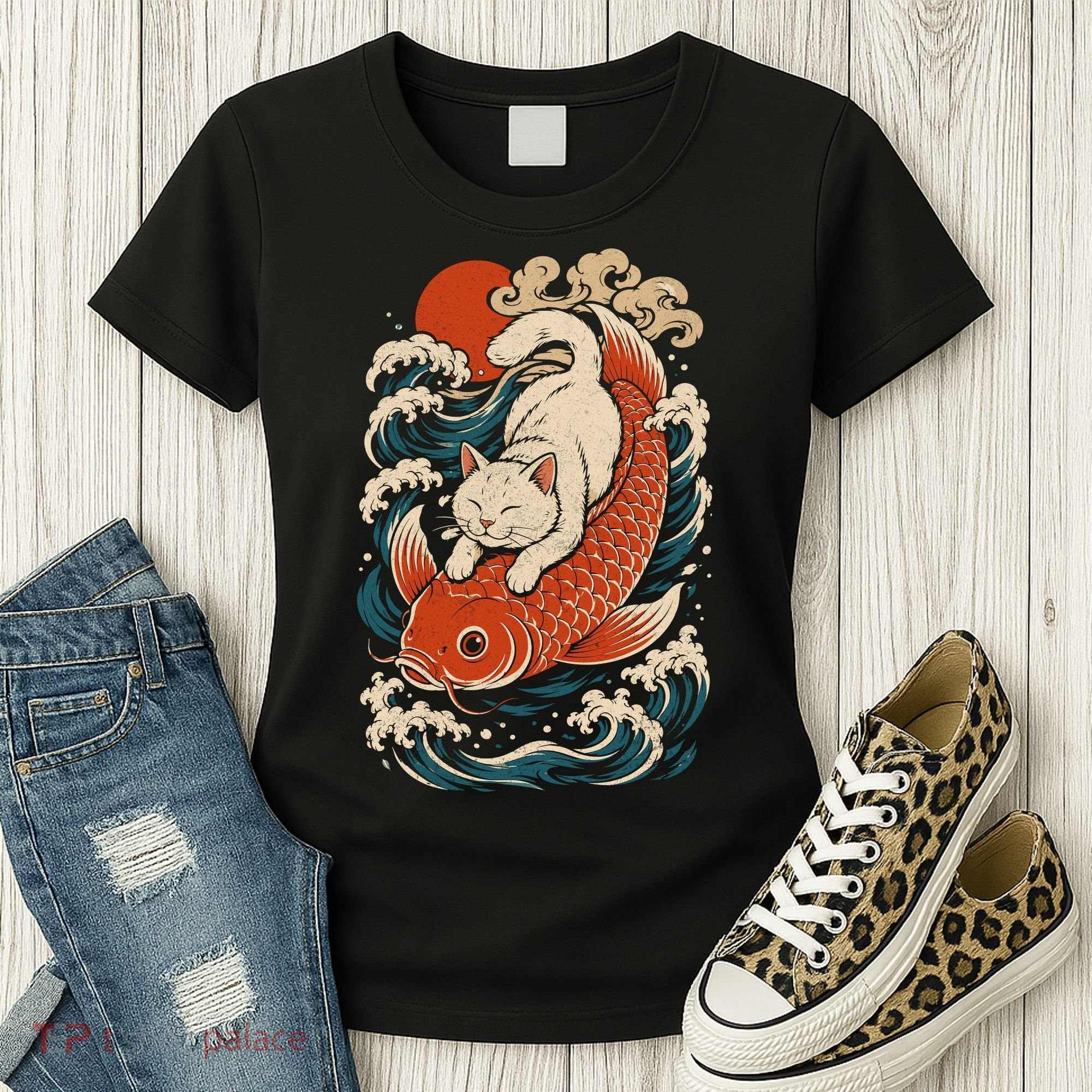 Playful Cat Riding a Koi Fish in Waves Women's T-Shirt