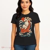Playful Cat Riding a Koi Fish in Waves Women's T-Shirt thumb 4
