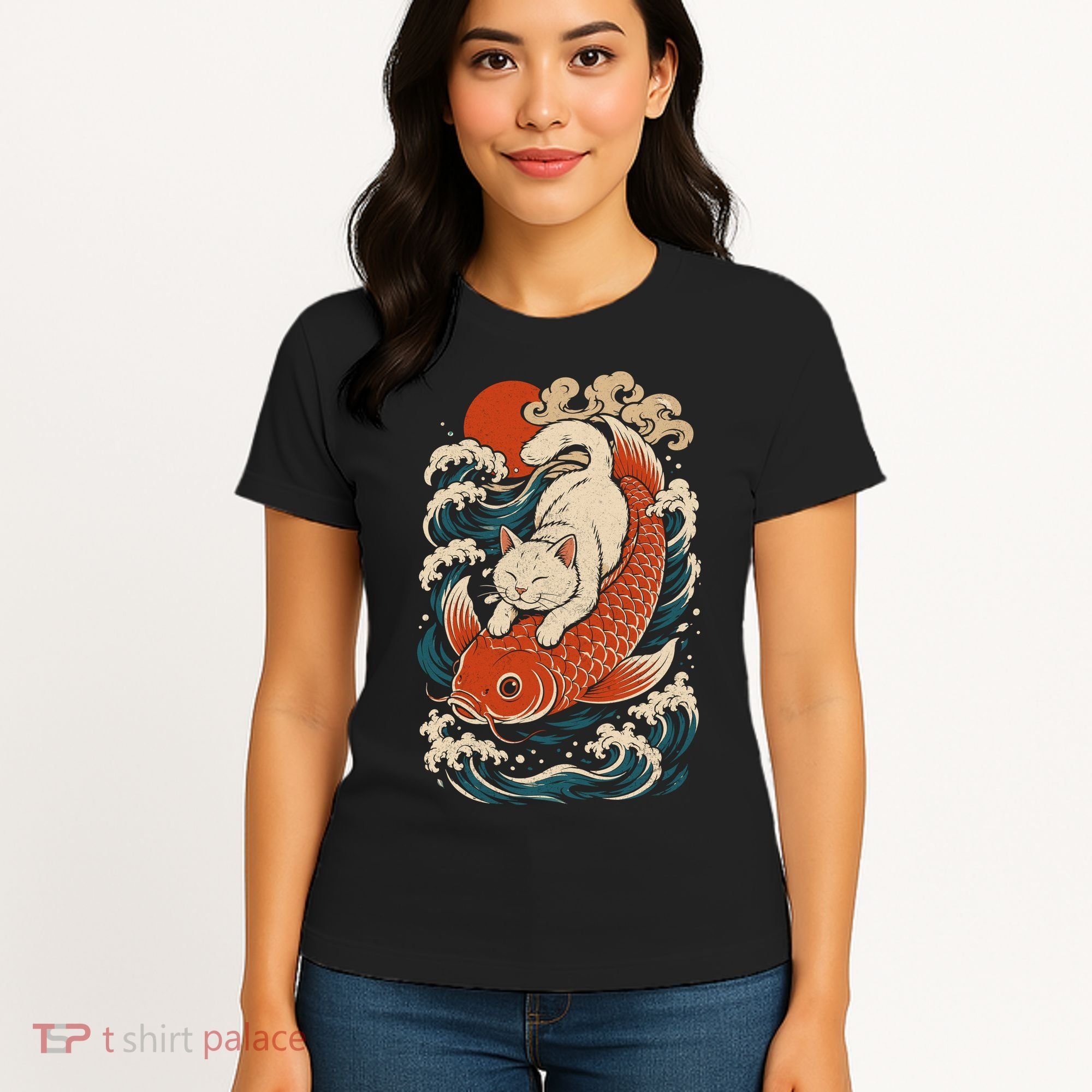 Playful Cat Riding a Koi Fish in Waves Women's T-Shirt