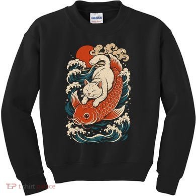 Playful Cat Riding a Koi Fish in Waves Kids Sweatshirt
