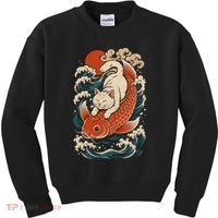 Playful Cat Riding a Koi Fish in Waves Kids Sweatshirt thumb 0