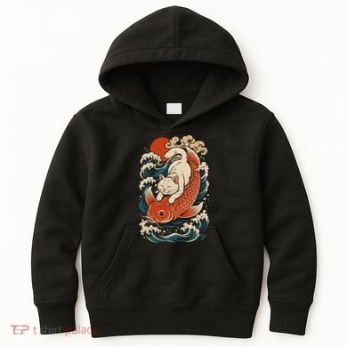 Playful Cat Riding a Koi Fish in Waves Kids Hoodie