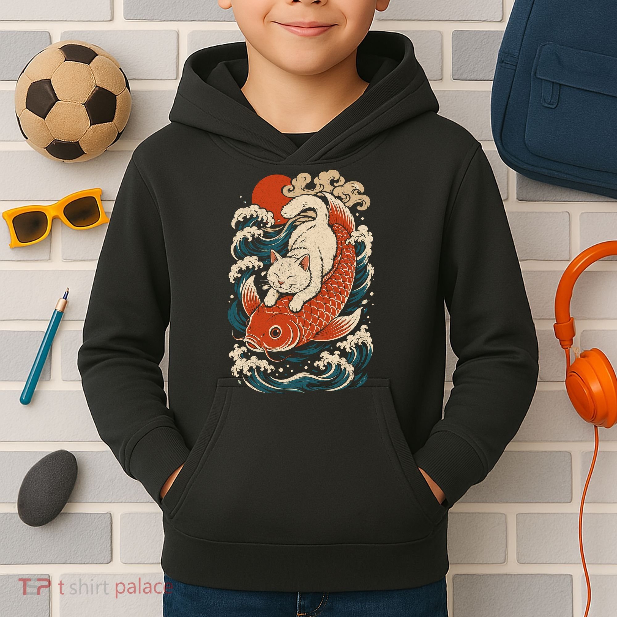 Playful Cat Riding a Koi Fish in Waves Kids Hoodie