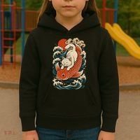Playful Cat Riding a Koi Fish in Waves Kids Hoodie thumb 3