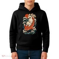 Playful Cat Riding a Koi Fish in Waves Kids Hoodie thumb 4