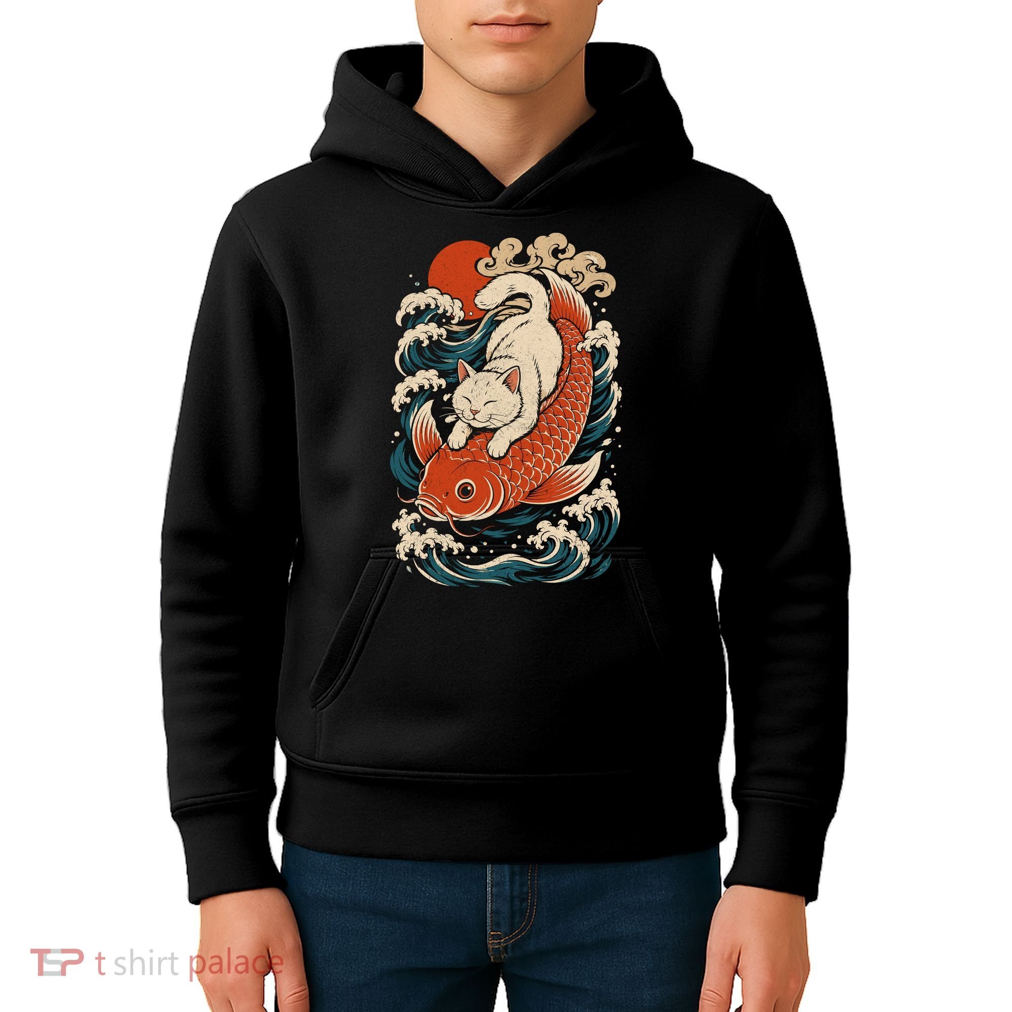 Playful Cat Riding a Koi Fish in Waves Kids Hoodie