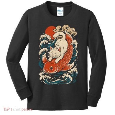 Playful Cat Riding a Koi Fish in Waves Kids Long Sleeve Shirt
