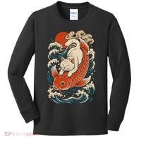 Playful Cat Riding a Koi Fish in Waves Kids Long Sleeve Shirt thumb 0