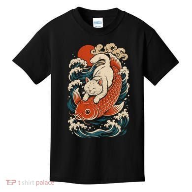 Playful Cat Riding a Koi Fish in Waves Kids T-Shirt