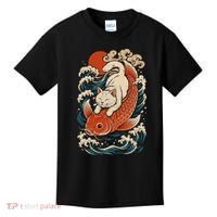 Playful Cat Riding a Koi Fish in Waves Kids T-Shirt thumb 0