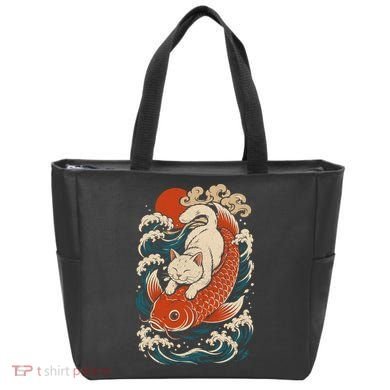 Playful Cat Riding a Koi Fish in Waves Tote Bag