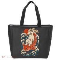 Playful Cat Riding a Koi Fish in Waves Tote Bag thumb 0