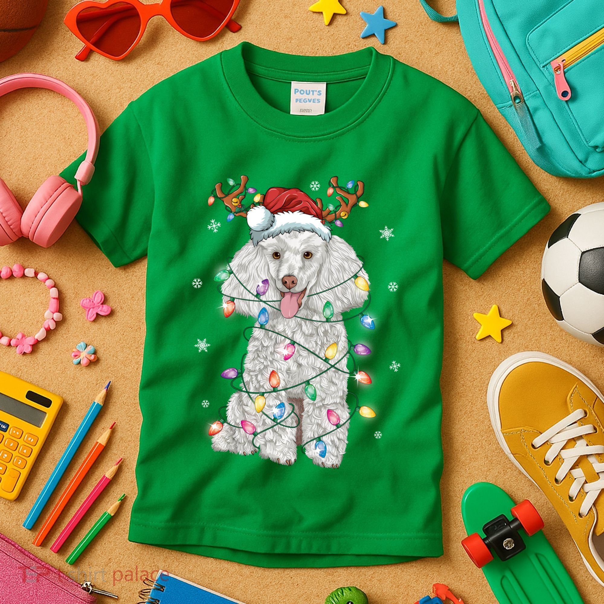 Poodle Christmas Reindeer Santa Hat Poodle Christmas Kids T-Shirt