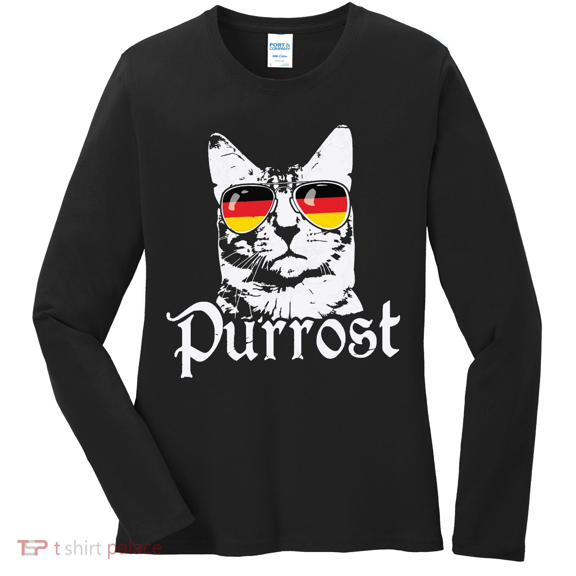 Purrost Cat Sunglasses German Flag Germany Prost Oktoberfest Women's Long Sleeve Shirt
