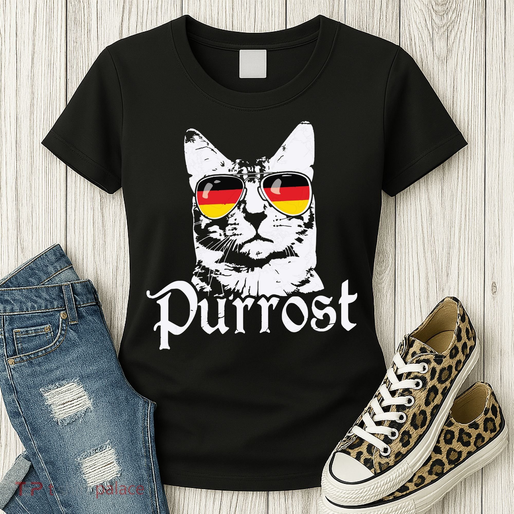 Purrost Cat Sunglasses German Flag Germany Prost Oktoberfest Women's T-Shirt