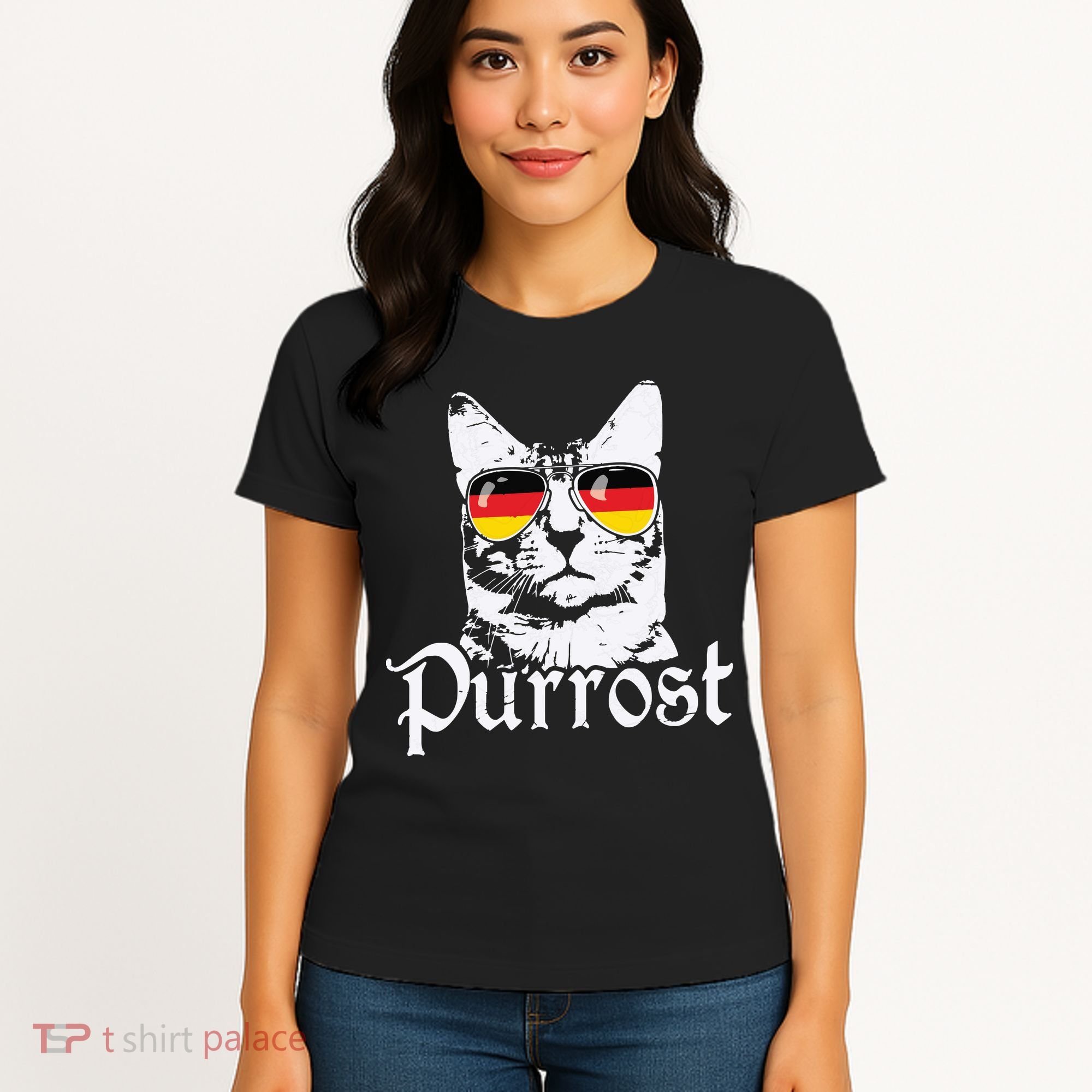 Purrost Cat Sunglasses German Flag Germany Prost Oktoberfest Women's T-Shirt
