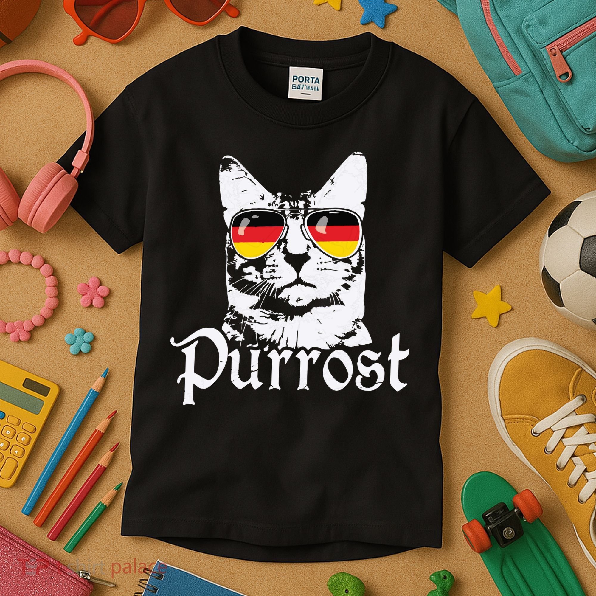 Purrost Cat Sunglasses German Flag Germany Prost Oktoberfest Kids T-Shirt