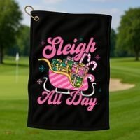 Pink Christmas Sleigh All Day Great Gift Golf Towel thumb 1
