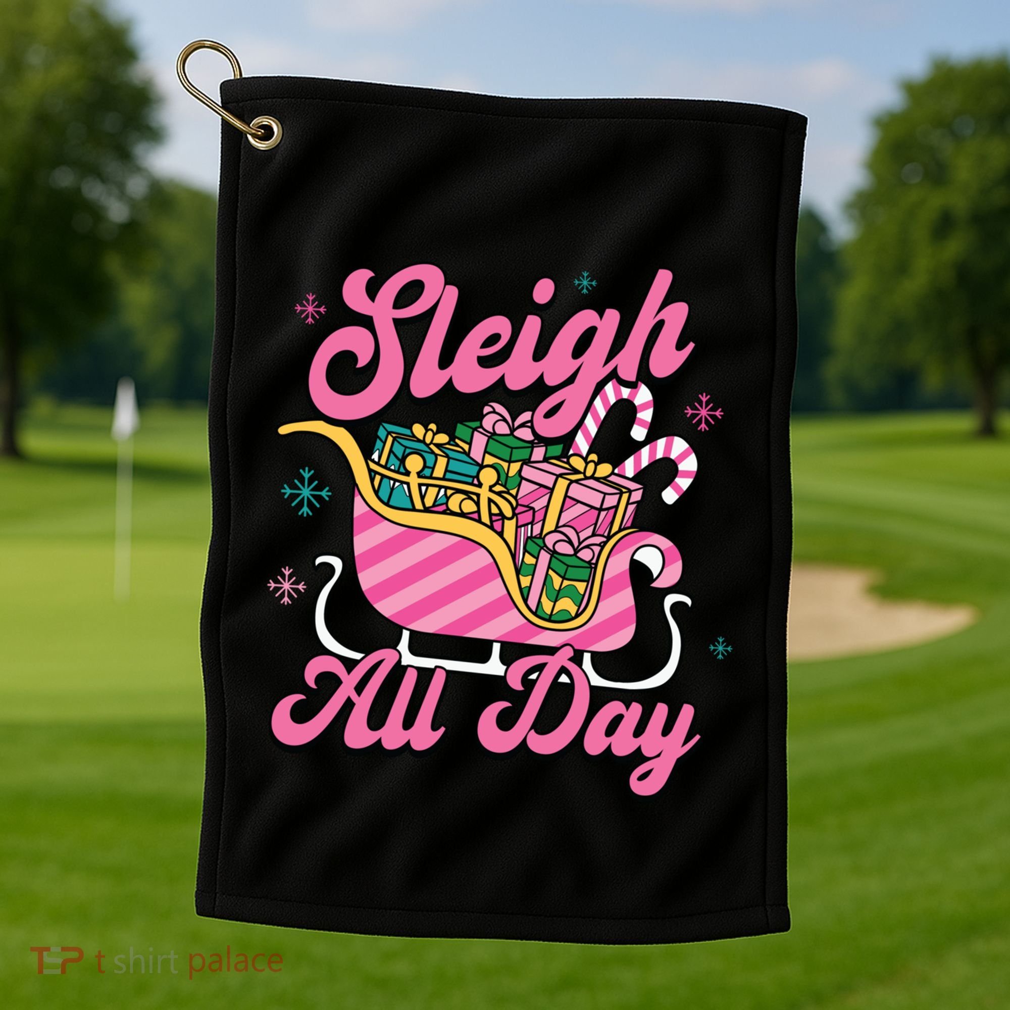 Pink Christmas Sleigh All Day Great Gift Golf Towel