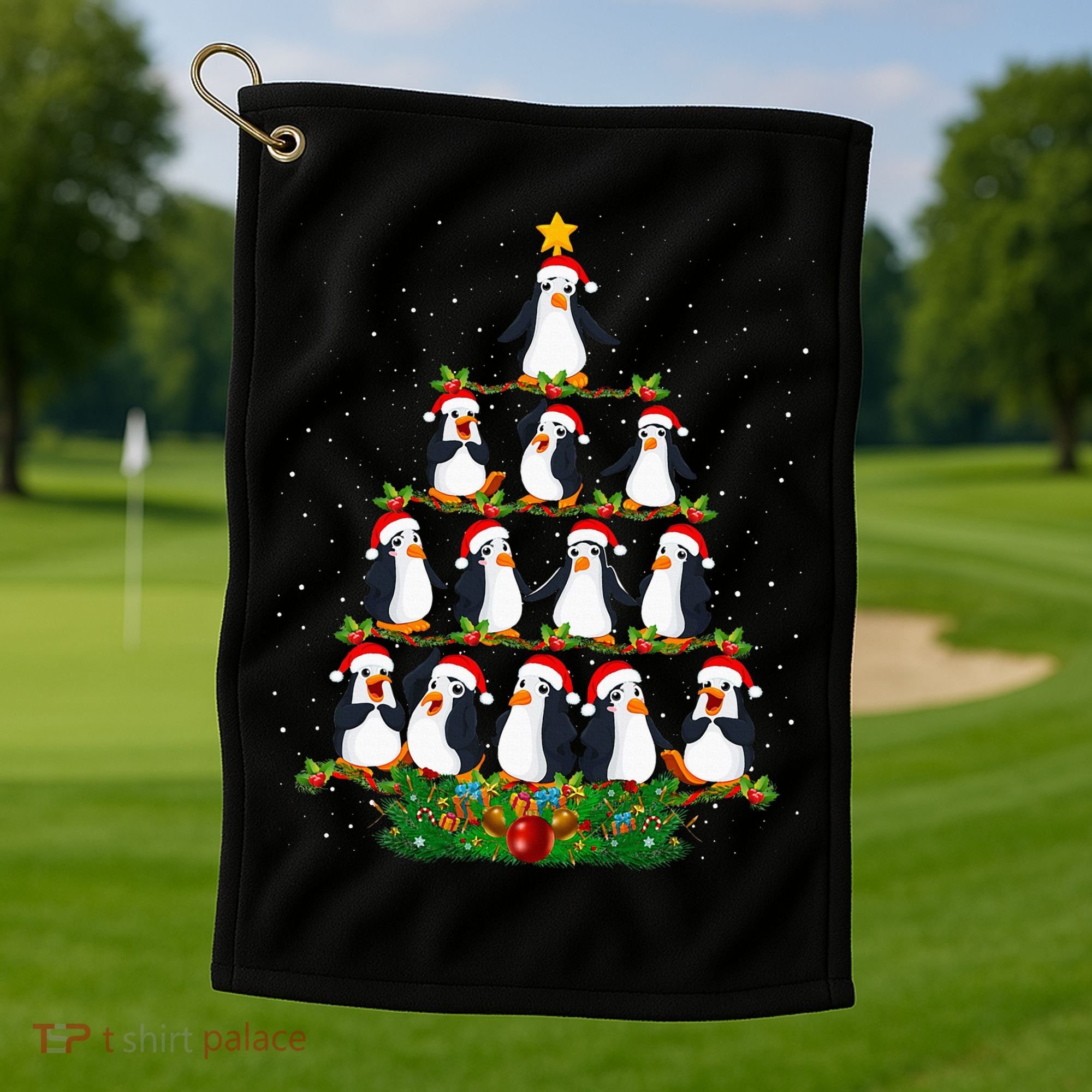 Penguin Christmas Tree Funny Penguin Lover Xmas Golf Towel
