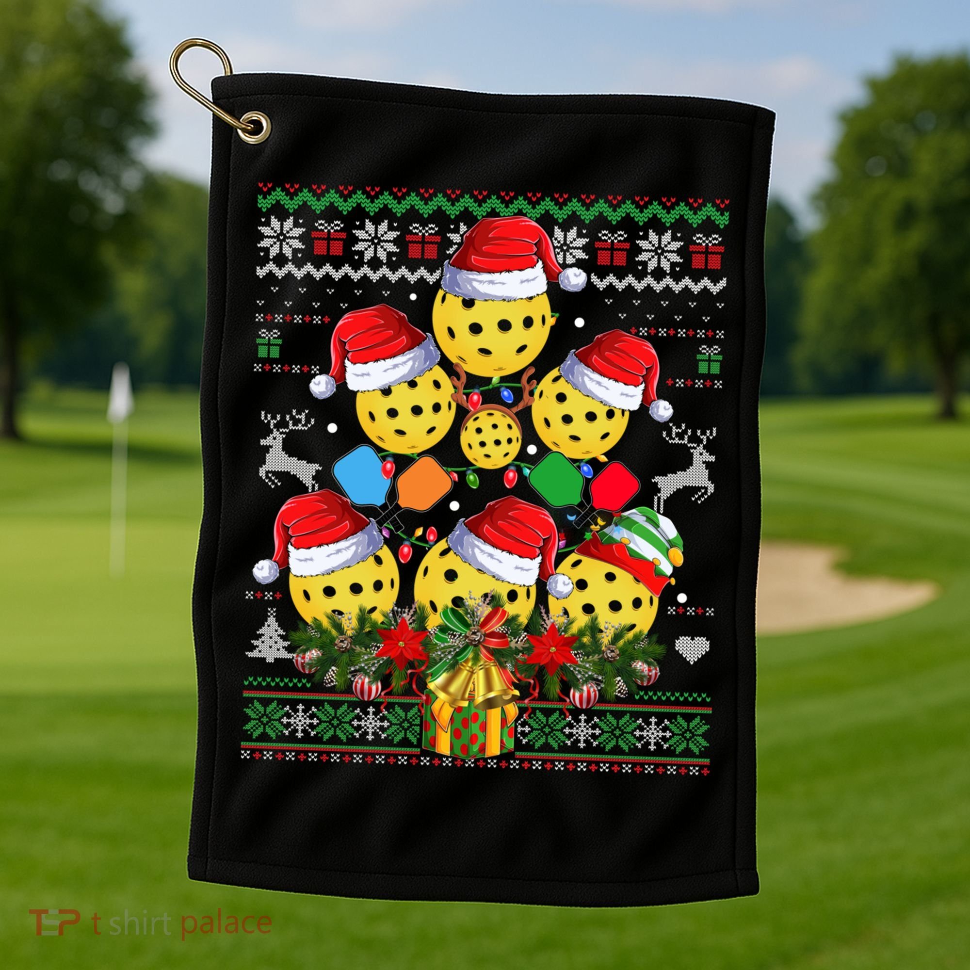 Pickleball Christmas Tree Ugly Sweater Santa Paddle Ball Gift Golf Towel