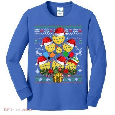 Pickleball Christmas Tree Ugly Sweater Santa Paddle Ball Gift Kids Long Sleeve Shirt