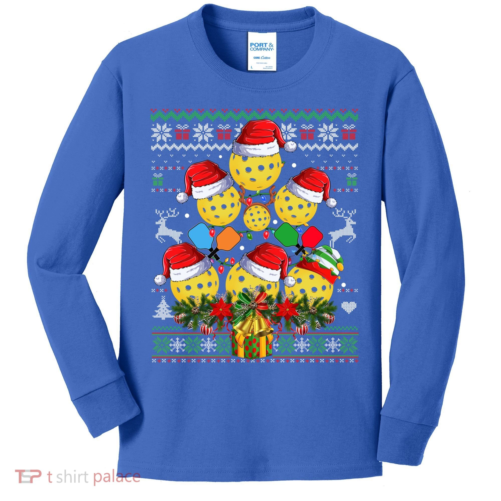 Pickleball Christmas Tree Ugly Sweater Santa Paddle Ball Gift Kids Long Sleeve Shirt