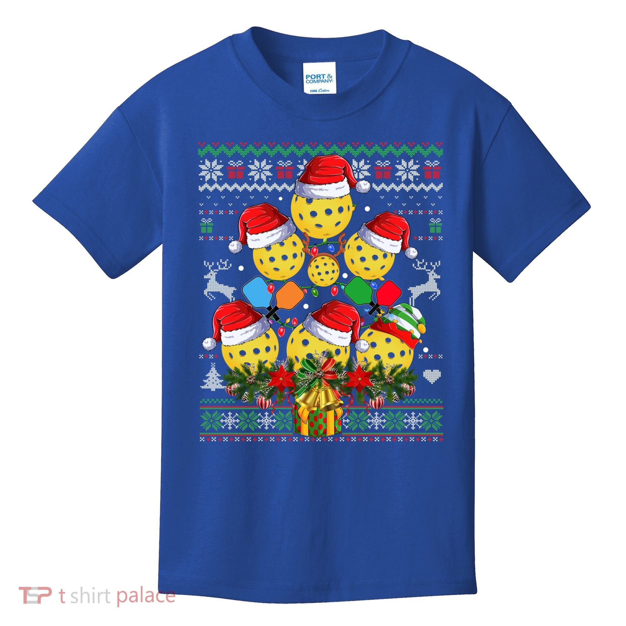 Pickleball Christmas Tree Ugly Sweater Santa Paddle Ball Gift Kids T-Shirt