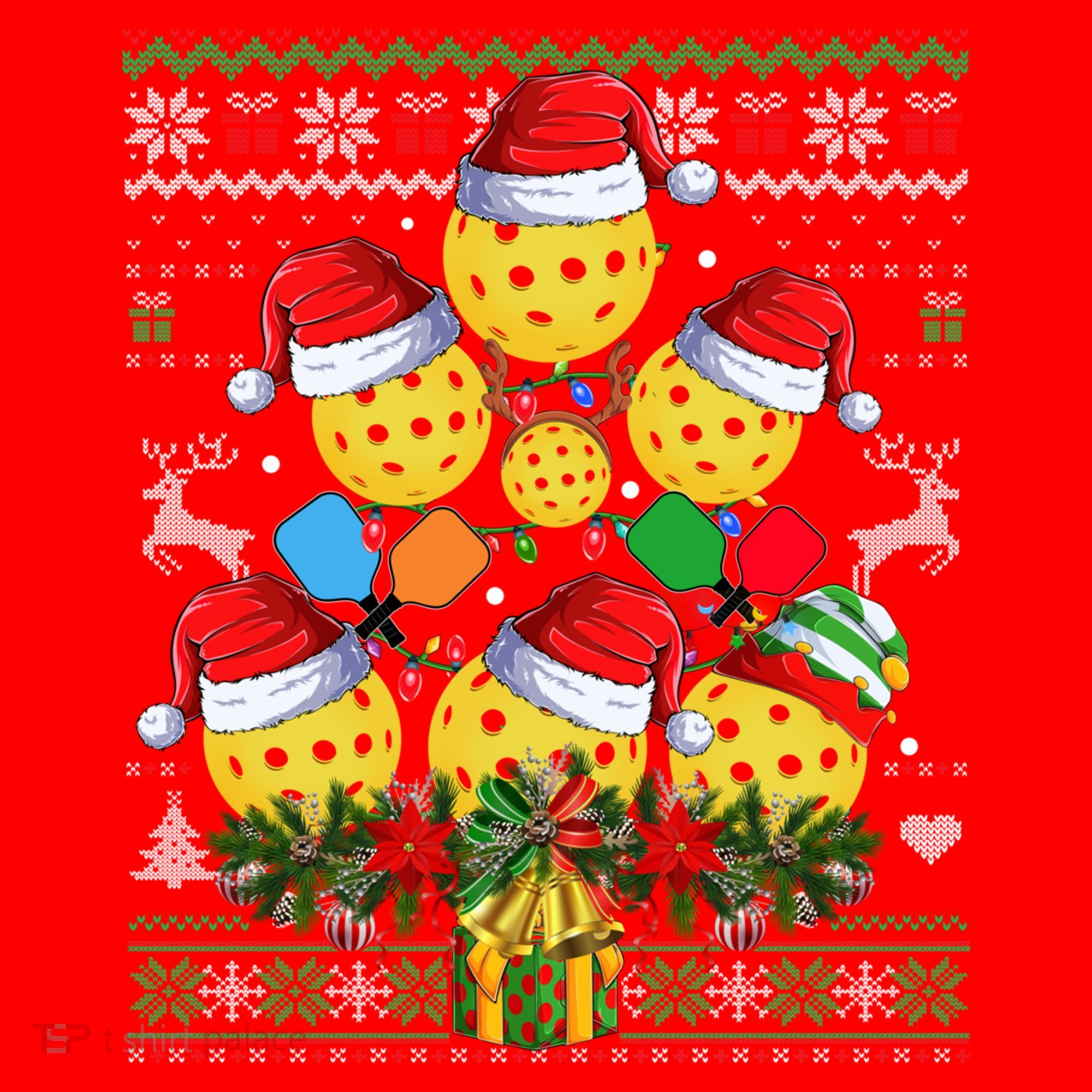 Pickleball Christmas Tree Ugly Sweater Santa Paddle Ball Gift Santa Hat