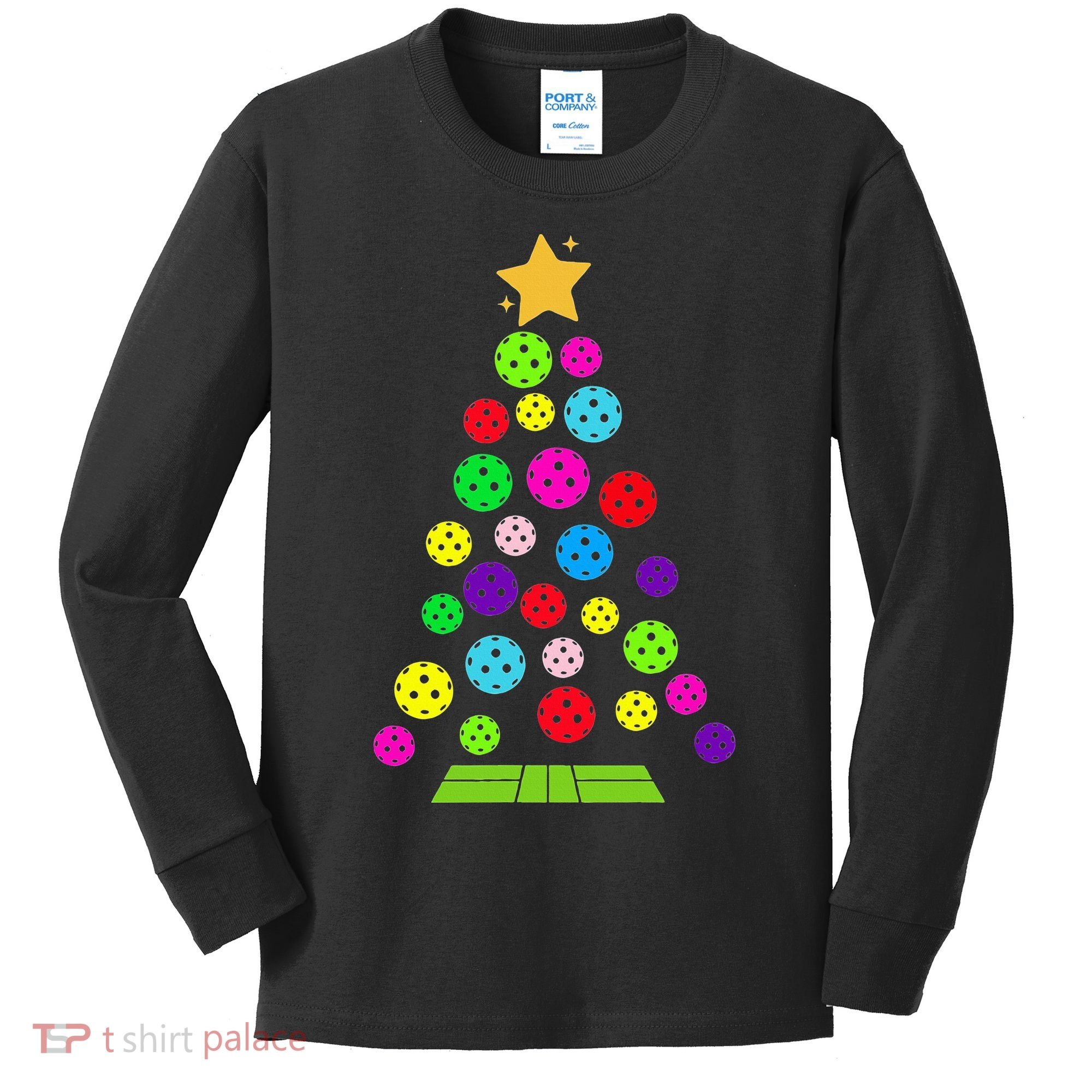 Pickleball Christmas Tree Kids Long Sleeve Shirt