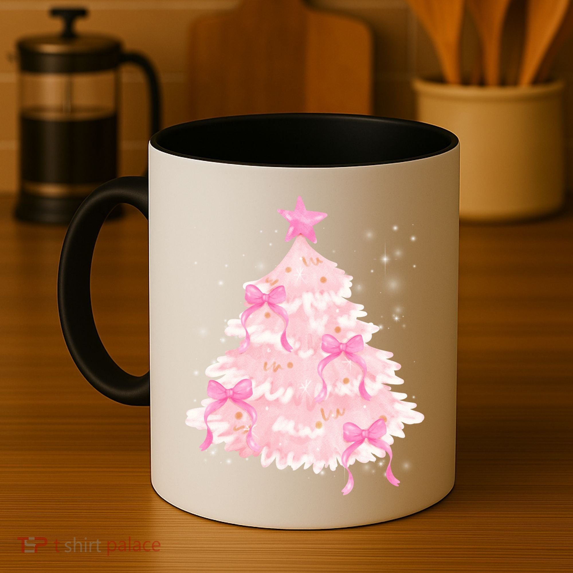 Pink Christmas Tree Bow Cute Holiday Coffee Mug