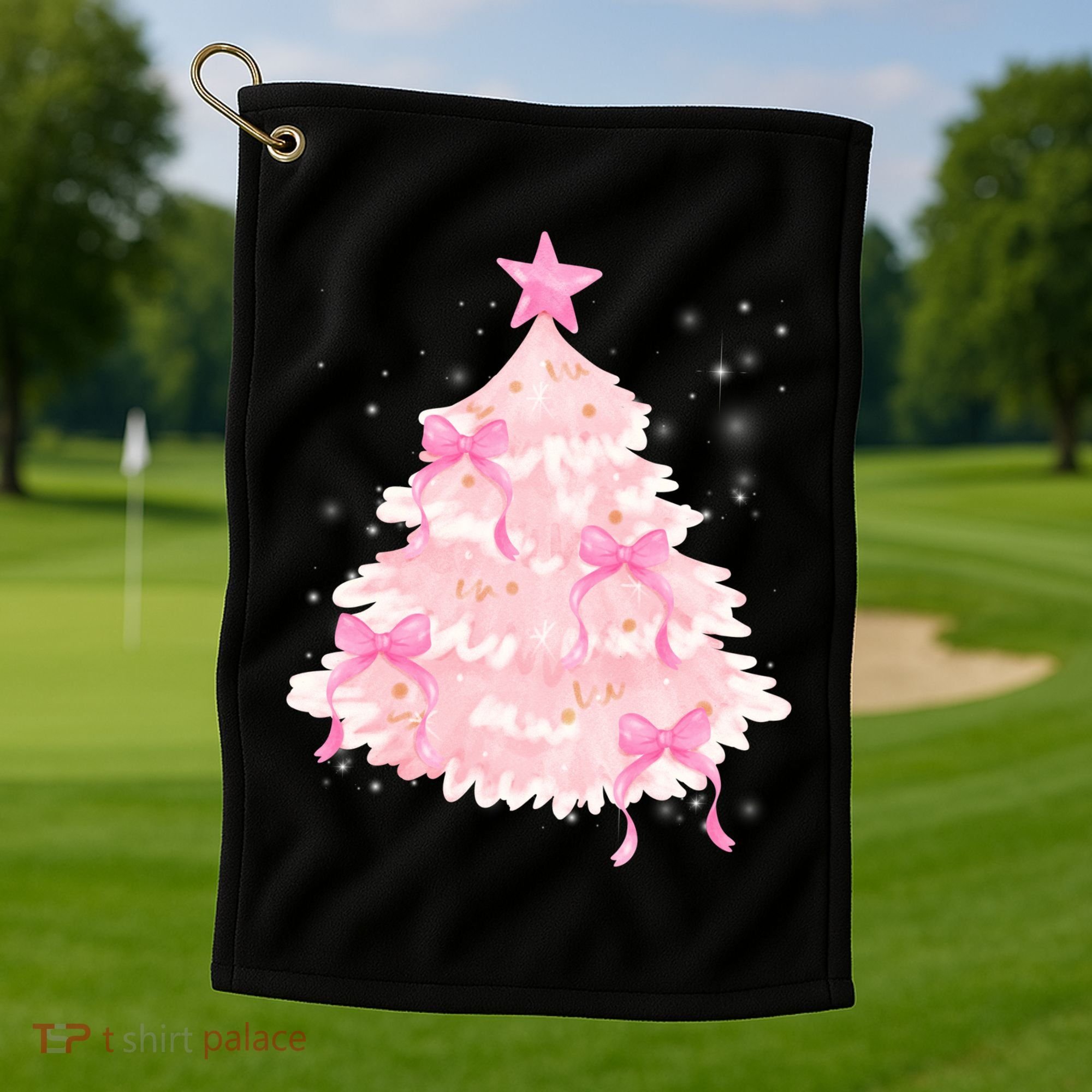 Pink Christmas Tree Bow Cute Holiday Golf Towel