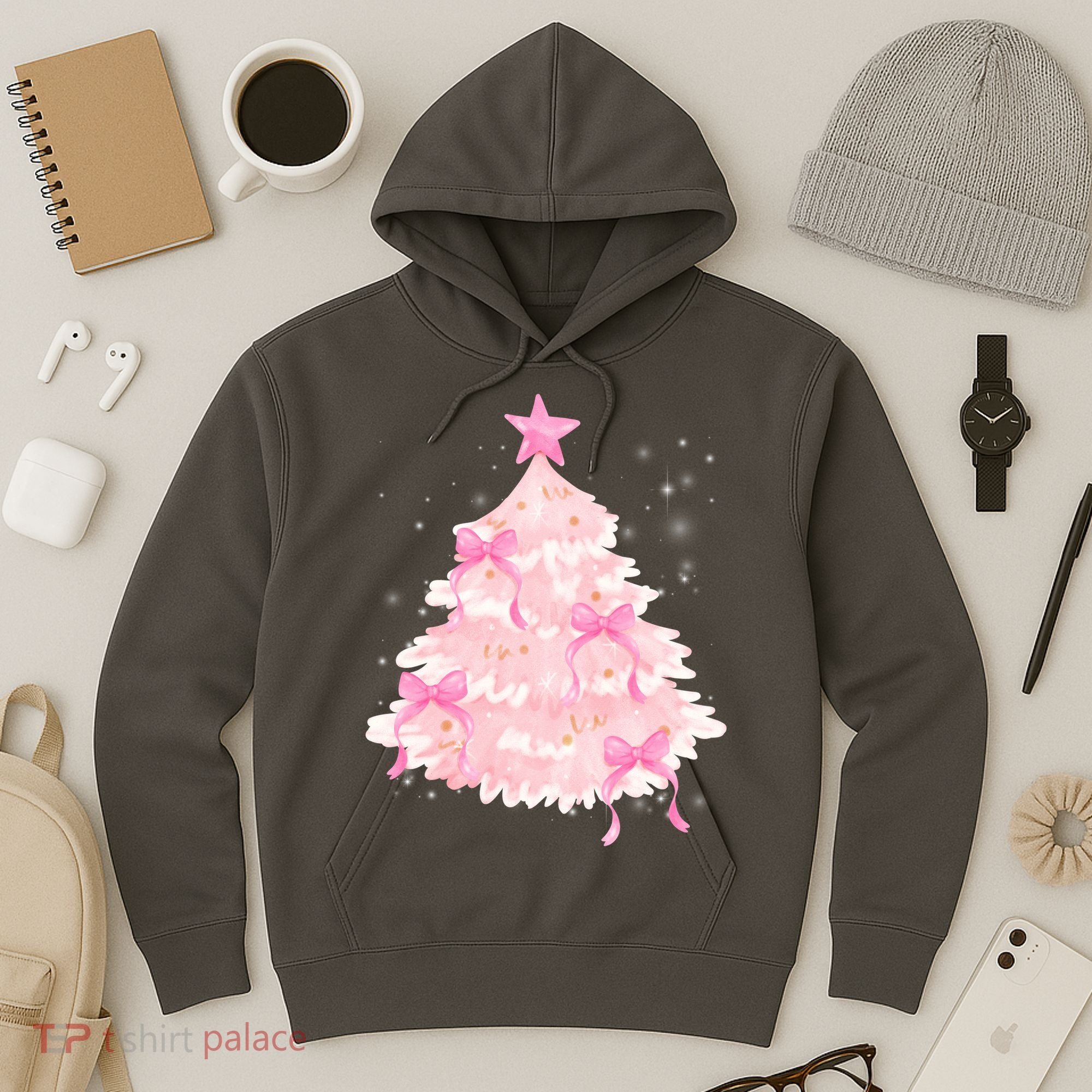 Pink Christmas Tree Bow Cute Holiday Hoodie
