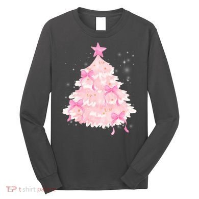 Pink Christmas Tree Bow Cute Holiday Long Sleeve Shirt