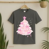 Pink Christmas Tree Bow Cute Holiday T-Shirt thumb 2