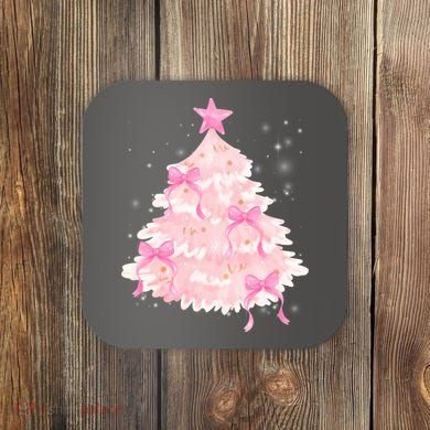 Pink Christmas Tree Bow Cute Holiday Coaster