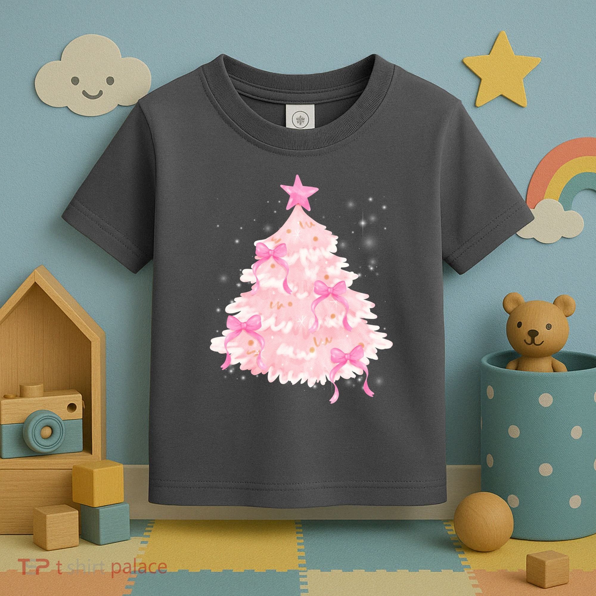 Pink Christmas Tree Bow Cute Holiday Toddler T-Shirt