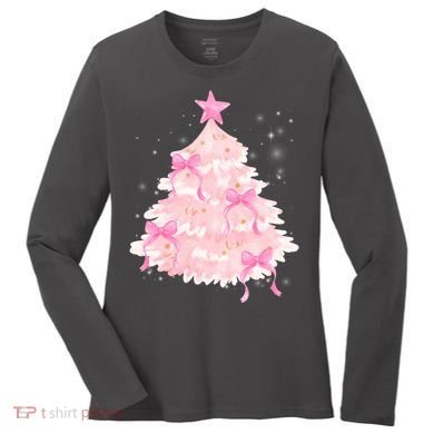 Pink Christmas Tree Bow Cute Holiday Women's Long Sleeve Shirt