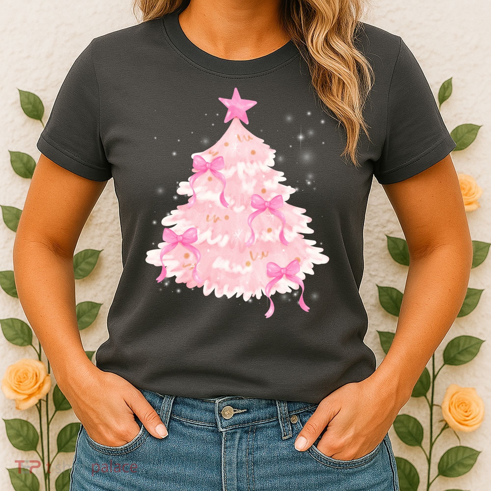Pink Christmas Tree Bow Cute Holiday Women's T-Shirt
